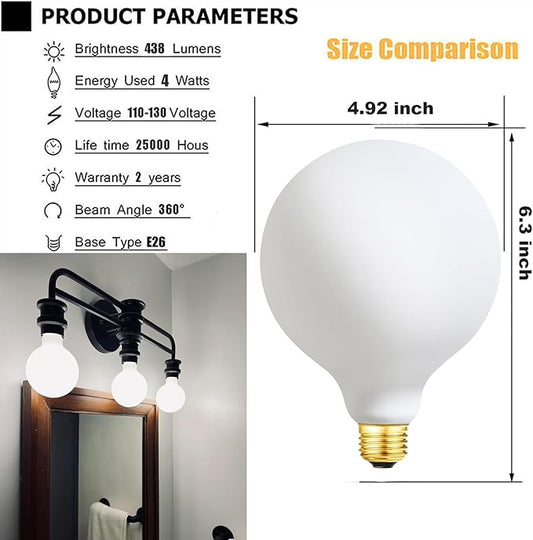 Leools G40 LED Light Bulb 4W Dimmable Flick-Free Matt White 4000K Daylight CRI95 480LM, 40-60W Equivalent Vintage LED Edison Globe Light Bulb,E26 Standard Base, 2Pack