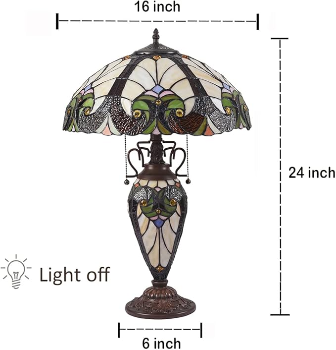 Tiffany Table Lamp Night Light 16" Wide Handmade Stained Glass Lamp Shade 3 Light Amber Cream Victorian Style Vintage Table Lamp for Home and Office