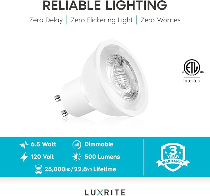LUXRITE MR16 GU10 LED Bulbs Dimmable, 50W Halogen Equivalent, 2700K Warm White, 500 Lumens, 120V Spotlight LED Bulb GU10, Enclosed Fixture Rated, Perfect for Landscape or Home Lighting (24 Pack)