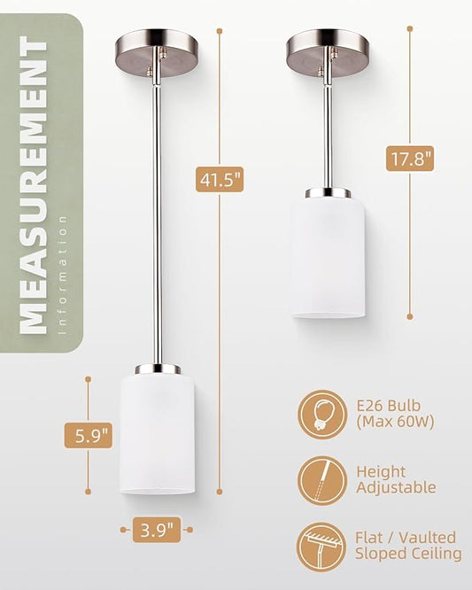 3 Pack Mini Pendant Light, Brushed Nickel Hanging Ceiling Lights with White Frosted Glass Shade, Modern Adjustable Lights for Kitchen Island Bedroom Hallway
