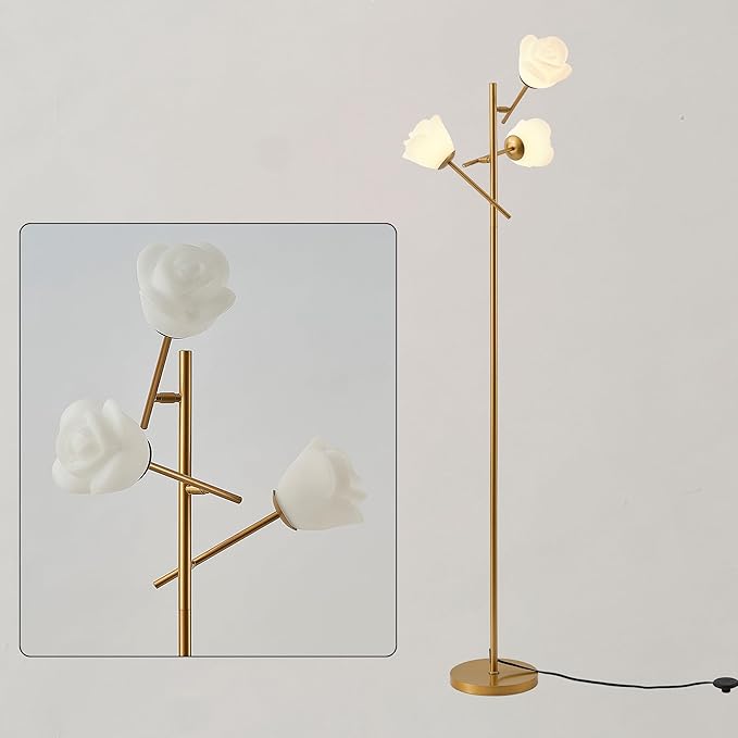 Fiqevs Gold Floor Lamp for Living Room, 3 Head Flower Tree Standing Lamp with Adjustable Lampshade, Bulbs Included, LED Sputnik Mid Century Modern Tall Reading Lamp for Bedroom, Office