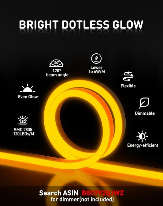 Shine Decor LED Rope Lights AC 120V, Connectable & Cuttable Dotless 120LEDs/M Eco Neon Strip Lighting, ETL IP65 Waterproof & Weather-Resistant for Home Commercial, 8x16mm, Gold, 65.6FT