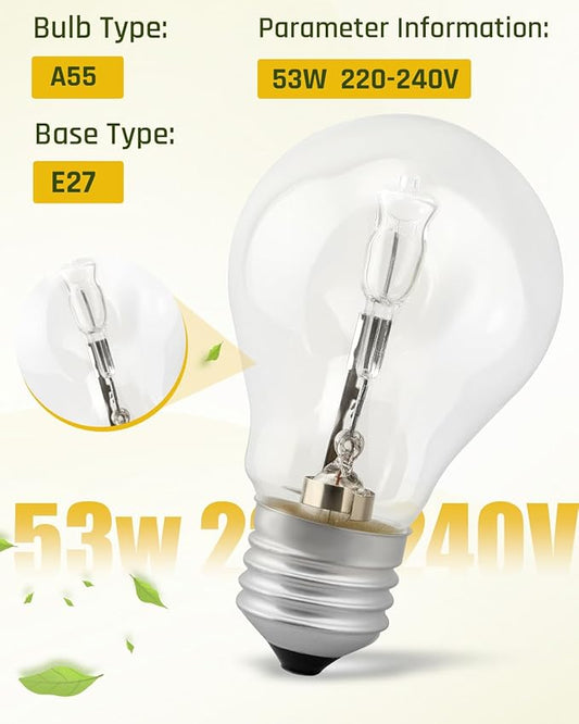A55 E27 Halogen Lamp 220V 53W 96 * 55mm 2700K Halogen Bulb Clear Replacement Fit for Incandescent Lamp(53W),10PCS