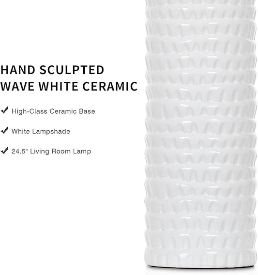 24.5" Modern Ceramic Table Lamps for Living Room ,Farmhouse Nightstand Lamps Set of 2 with White Linen Shade Office Reading Lamp ,Bedroom Lamps for Bedside End Table, Bedroom, Living Room, White