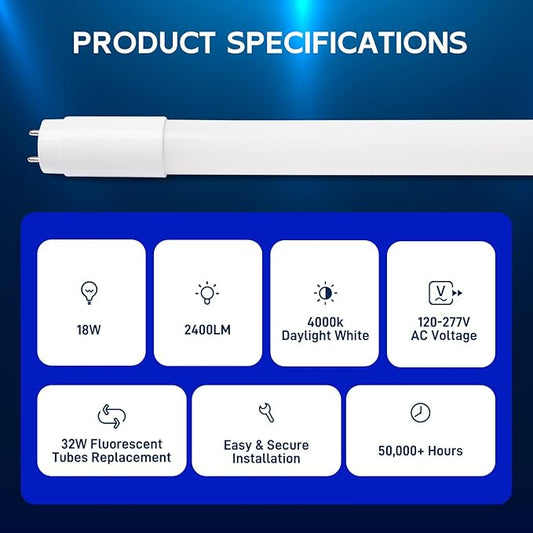 hykolity 20 Pack 4FT LED T8 Hybrid Type A+B Light Tube, 18W, Plug & Play or Ballast Bypass, Single-Ended OR Double-Ended, 4000K, 2400lm, Frosted Cover, T8 T10 T12 for G13, 120-277V, UL Listed