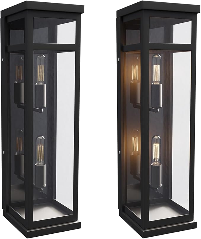LEDMyplace Outdoor Sconce Light - 40W Rectangular Black Outdoor Wall Sconce with Clear Glass Panels - Two E12 Socket, High CRI, IP65, ETL Listed, Modern Exterior Light Fixture (22.25" H x 5.5" W)