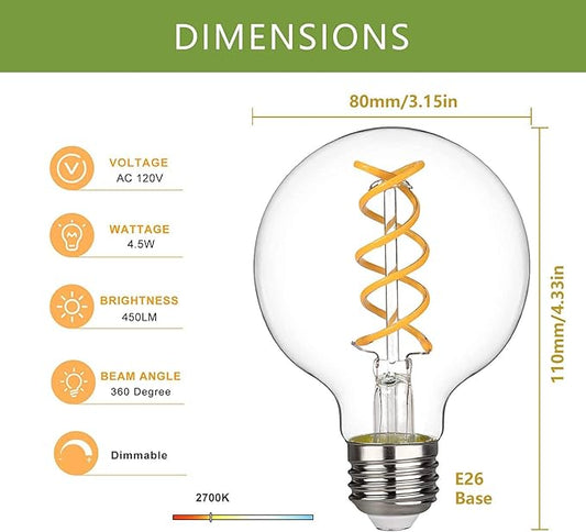 G25 LED Globe Edison Light Bulb,Vintage Dimmable LED Filament Light Bulb E26, 6W Equivalent to 60W,Neutral White 4000K, G25 Glass Edison Style for Bathroom Makeup Mirror 6 Pack