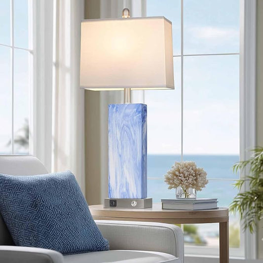 28.5" Coastal Blue Ceramic Table Lamps Set of 2, 3-Way Touch Control Bedroom Lamp with USB C+A Ports, Tall Square Lamps for Living Room, Elegant Bedside Lamps for Nightstand Side End Table