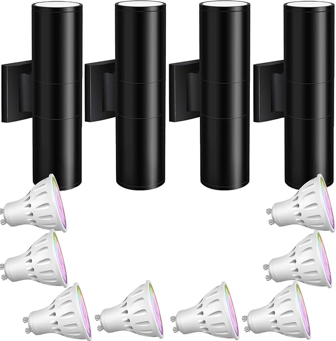 Exterior Double Up Down Outdoor Wall Lights,Mi.Light Remote Control RGB Color Changing 1000lm Warm White 3000k RGBW Cylinder Outdoor Wall Light,Smart LED Exterior Lighting (4 Pack)