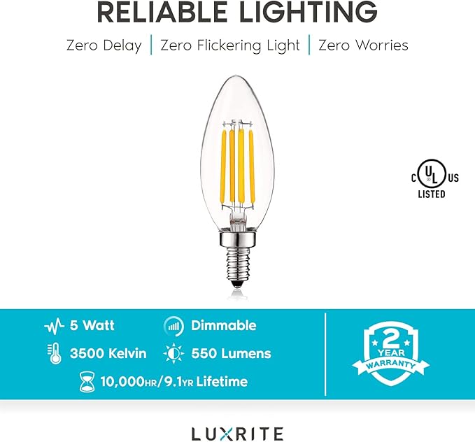 LUXRITE Vintage Candelabra LED Bulb 60W Equivalent, 550 Lumens, 3500K Natural White, LED Chandelier Light Bulbs 5W, Dimmable, Clear Glass, Filament LED Candle Bulbs, UL Listed, E12 Base (6 Pack)