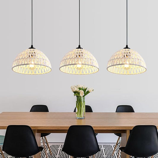 3 Pack Woven Pendant Light Fixtures,10.2" White Rattan Pendant Lights Farmhouse Basket Light Fixture Adjustable Boho Hanging Lamp for Kitchen Island Bedroom Dining Room Foyer Hallway