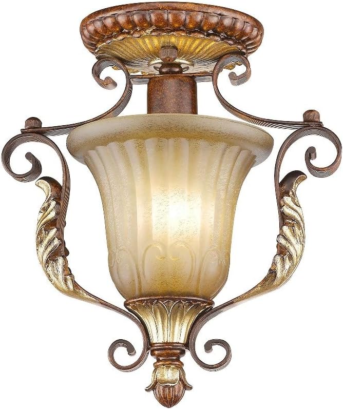 Livex Lighting 8578-63 Villa Verona 1 Light Verona Bronze Finish Flush Mount with Aged Gold Leaf Accents and Rustic Art Glass