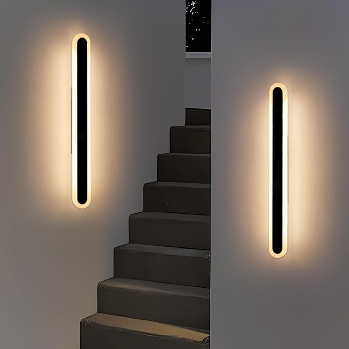 2 Pack 31.4inch Modern Outdoor LED Wall Sconce, 3000K Warm White, Black Oval Exterior Wall Light Fixture, 31W, IP65 Waterproof Long Strip Led Lighting for Porch, Patio, Garage, Yard