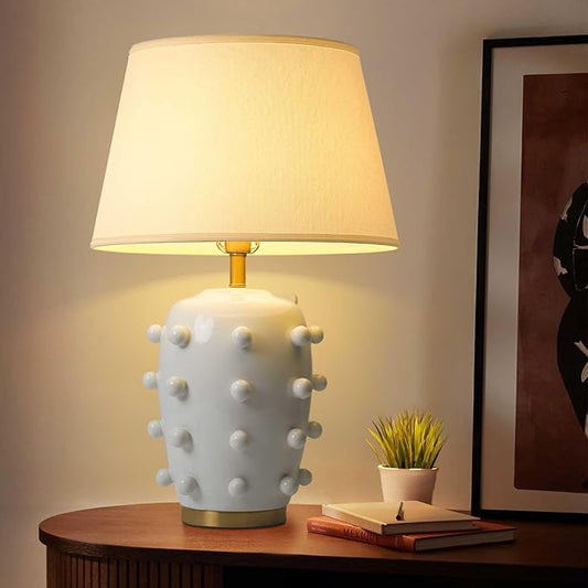 Modern Ceramic Linden Table Lamp - 26" White Ball Farmhouse Design, Classic Table Lamp Pottery Tapered Drum Shade for Living Room, Bedroom, Office, and Home (White)