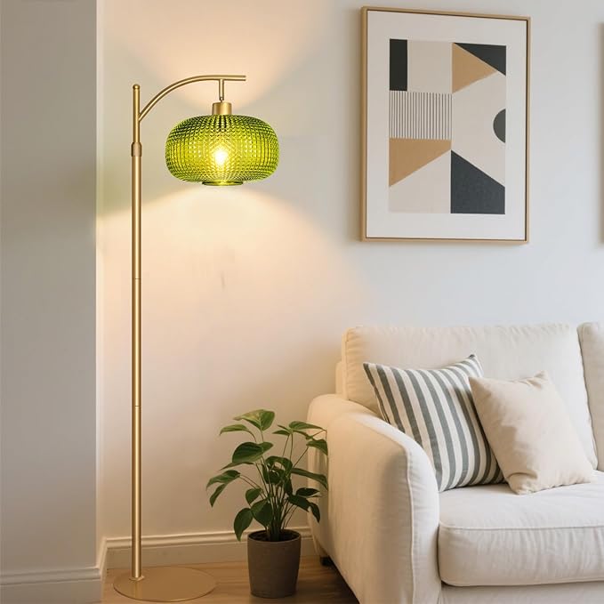 Modern Floor Lamp for Living Room, Mid Century Tall Standing Lamp Green Glass Lamp Shape, Dimmable Gold Tall Pole Lamp for Bedroom Office with Remote, 1 x 12W LED Edison Bulbs Included