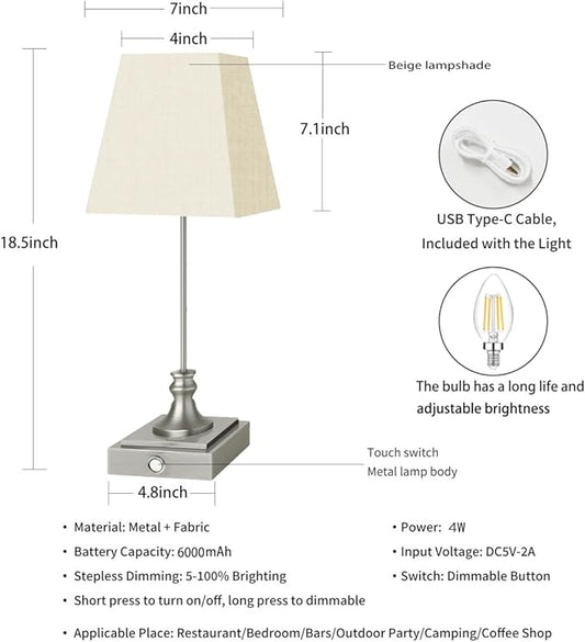 Rechargeable LED Table Lamps with Stepless Touch Control,Sliver Cordless Lamp for Living Room&Bedside&Patio&Shower,Small Desk Lamp(6000mAH Battery),1 Pack for Home Decor,Best Gifts for Family