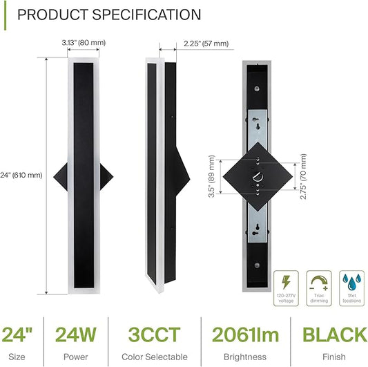 ASD LED 24" Long Wall Mount Light Fixture, Outdoor & Indoor Linear Sconce | 3CCT, Dimmable, Waterproof, Anti-Rust, ETL Listed | 24W 2000LM 3000-5000K 100-277V | Exterior Porch Lighting | Black, 2 Pack