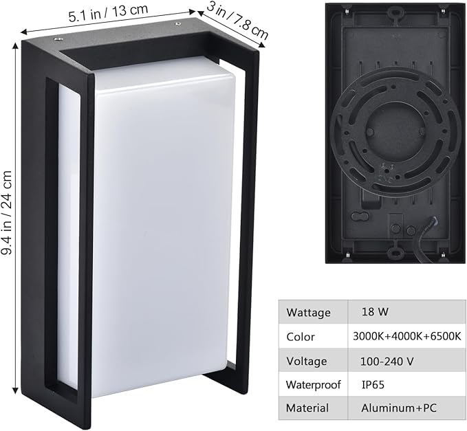 wowlite Modern Outdoor Wall Lights 2 Pack, LED Outdoor Porch Lights 3 Colors Changeable, Matte Black Exterior Light Fixture Wall Mount, IP65 Waterproof Outside Light Fixtures for Porch Front Door
