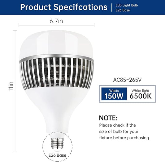 Super Bright Light Bulbs, 1000-1300W Equivalent exceed 15000LM E26 LED Bulb, 6500K Daylight 150 Watt High Lumen LED Bulb for Home, shopping mall, hotel, factory, warehouse, garage (150, Watts)