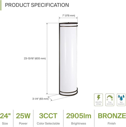 ASD 24 Inch LED Outdoor & Indoor Wall Mount Light Fixture - Oil Rubbed Bronze Modern Wall Sconce Lighting - 25W 120-277V 3000K 4000K 5000K Adjustable Dimmable Front Door & Patio Exterior Lights - ETL