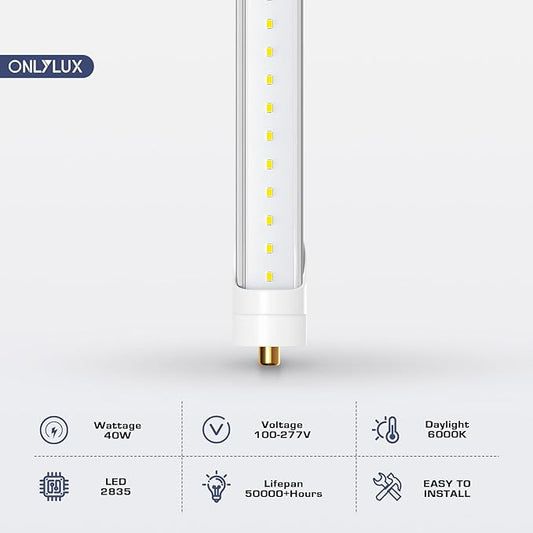 T8 8ft LED Bulbs, F96T12 Led Replacement 8 Foot Led Lights, 6000K 40W 4800LM (100W 8' Fluorescent Equivalent),Single Pin FA8 Base, 110V 120V 277V Input, Clear Cover (10 Pack)