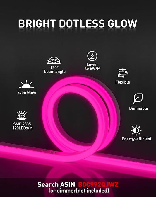 Shine Decor LED Rope Lights AC 120V, Connectable & Cuttable Dotless 120LEDs/M Eco Neon Strip Lighting, ETL IP65 Waterproof & Weather-Resistant for Home Commercial, 8x16mm, Pink, 82FT