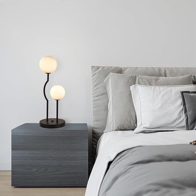 Black Mid Century Globe Table Lamp Industrial Retro 2 Lights Orb Desk Lamp with White Glass Globe Bedside Reading Light for Bedroom Living Room Study Room