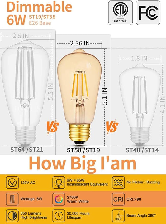 CRLight Amber Glass ST58 = ST19 Vintage LED Edison Bulb - Dimmable 6W 650LM 2700K Warm White, 90+ CRI, E26 Antique Style Decorative Filament Light, 60W Incandescent Replacement, 10-Pack