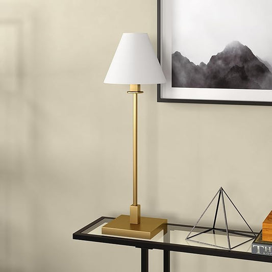 Henn&Hart 28'' Modern 1-Light Table Lamp with White Fabric Cone Shade for Dining Room, Living Room, or Office, Brass/White
