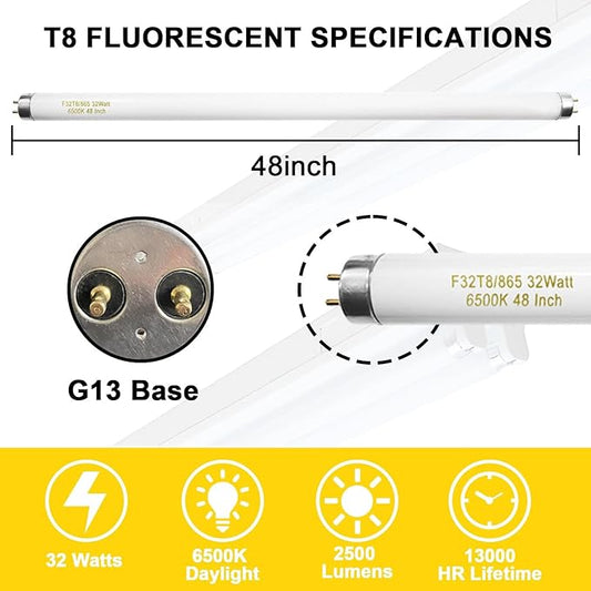 10 Pack, F32T8/865 Fluorescent Light Bulb 48 Inch Daylight 32 Watt, T8 Fluorescent Bulb 4 Foot, 2800 Lumens G13 Medium 6500K Bi-Pin Base