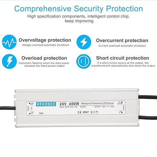 LED Driver 24V400W Waterproof Power Supply AC90-130V to DC24V16.7A Low Voltage Transformer IP67 Converter Suitable for Indoor and Outdoor LED Lighting and Any 24V DC LED