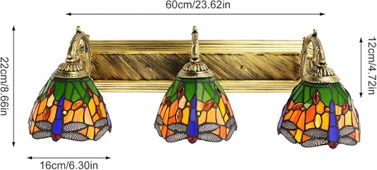 YIYIBYUS 3-Head Dragonfly Wall Sconce Lamp Tiffany Style Stained Glass Shade Vintage Wall Mount Lamp for Bedroom, Living Room and Hotel
