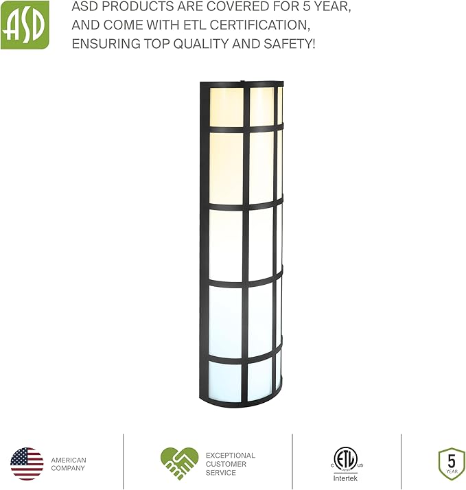 ASD 24 Inch LED Outdoor Wall Mount Light Fixture with Grid - Matte Black Modern Wall Sconce - 25W 120-277V 3000K 4000K 5000K Adjustable - Dimmable Exterior Lights - Front Door, Patio - ETL 2 Pack