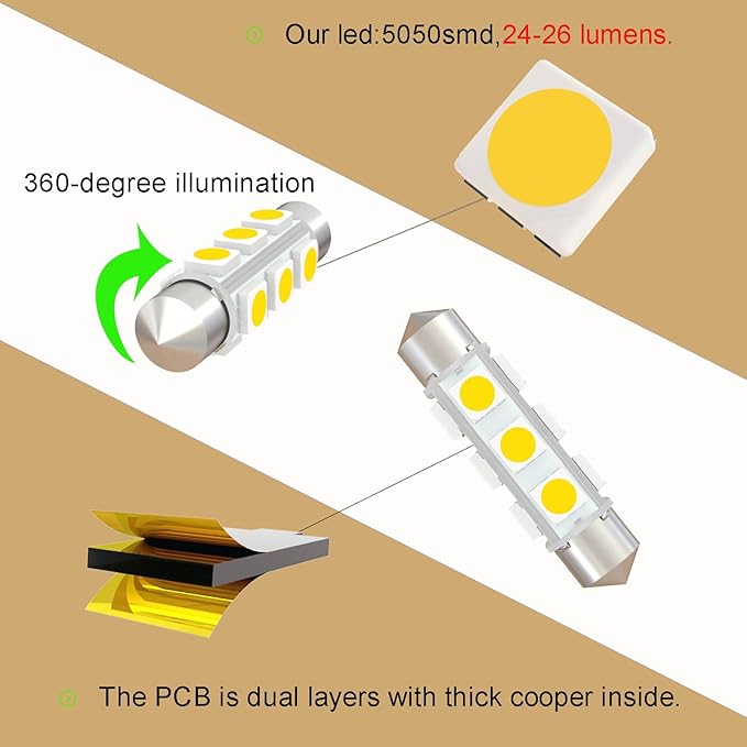 360 deg 42mm DC 12V 561 Led Bulb Natural White,562 567 566 212-2 LED Festoon Bulb for Automotive Interior Reading Map Glove box Lights Non Polarity(Pack 12)