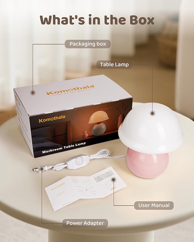 Mushroom Table Lamp for Bedroom, Cozy Bedside Lamp with Glass Shade, Stepless Dimmable Nightstand Lamp for Relaxing Bedroom Decor & Aesthetic Home (Pink)