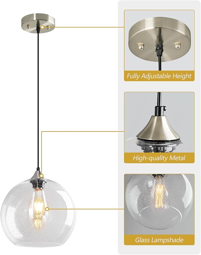 Clear Glass Pendant Lights Kitchen Island Lighting Globe Pendant Light Fixtures Modern Pendant Lighting for Kitchen Island Bedroom Living Dining Room Light Fixture(9.84in, 1-Pack)