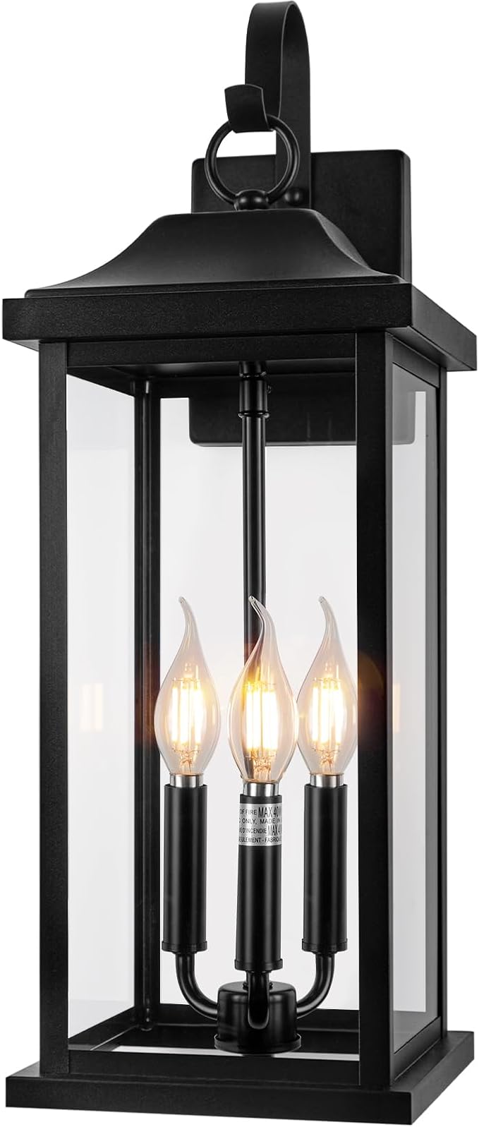 23โ Extra Large 3-Light Outdoor Light Fixture 1-Pack, IP65 Waterproof Exterior Light Fixture with Clear Tempered Glass Modern Outside Wall Mount Lamp Matte Black Front Porch Lantern, E12