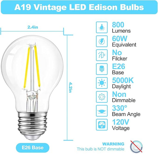dalattin A19 Vintage LED Edison Bulbs, 60W Equivalent Light Bulbs, 5000K Daylight White, Clear Glass Filament Bulb, Efficient 8W, E26 Base, 800 LM, CRI80+, Non-Dimmable for Home, Farmhouse, 24 Pack