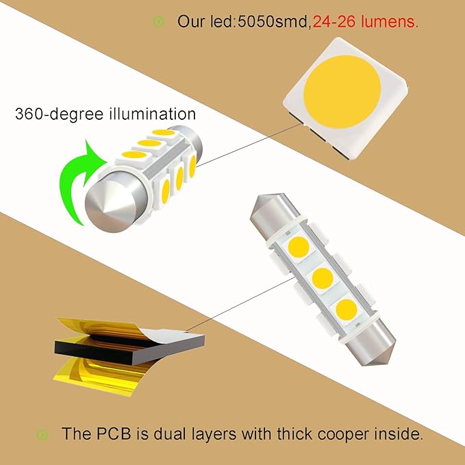 360 deg 44mm DC 12V 561 Led Bulb Natural White,562 567 566 212-2 LED Festoon Bulb for Automotive Interior Reading Map Glove box Lights Non Polarity(Pack 12)