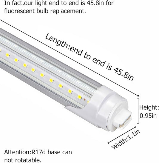 4FT T8 LED Tube Lights,36W 3600lm,Daylight White 5000K,R17d Base,45.8 inches End to End,60W F48T12 CW HO Fluorescent Bulb Replacement,Ballast Bypass,Dual-Ended Power for Sign,Shop,Pack of 6