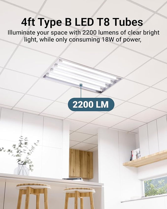 Sunco 50 Pack T8 LED Bulbs 4 Foot, Tube Light Bulbs Ballast Bypass, 48 Inch Fluorescent Replacement, 2200 LM, 18W, 6000K Daylight Deluxe, Single Ended Power, Type B, Clear Lens UL