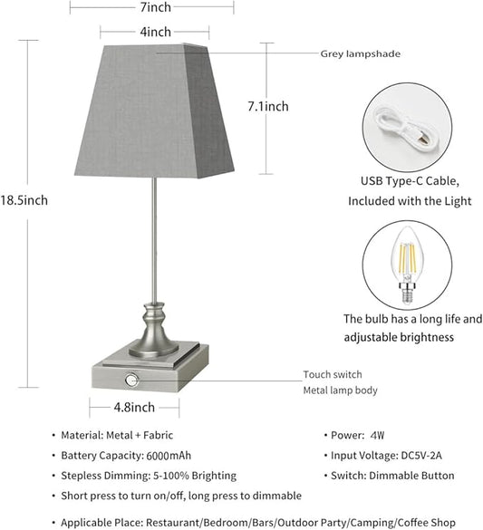 Rechargeable LED Table Lamps with Stepless Touch Control,Sliver Cordless Lamp for Living Room&Bedside&Patio&Shower,Small Desk Lamp(6000mAH Battery),2 Pack for Home Decor,Best Gifts for Family