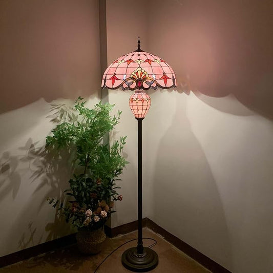 Bieye L10897 Baroque Tiffany Style Stained Glass Double Lit Floor Lamp for Home Decor (Pink, 20-inch Wide)