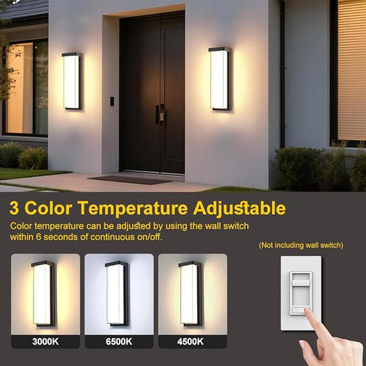LED Outdoor Wall Sconce Dimmable - 3000K/4000K/6000K Adjustable Color Temperature, 16" IP65 Waterproof Black Exterior Light Fixture for Porch, Garage, Entrance, Patio, Garden (1 Pack)