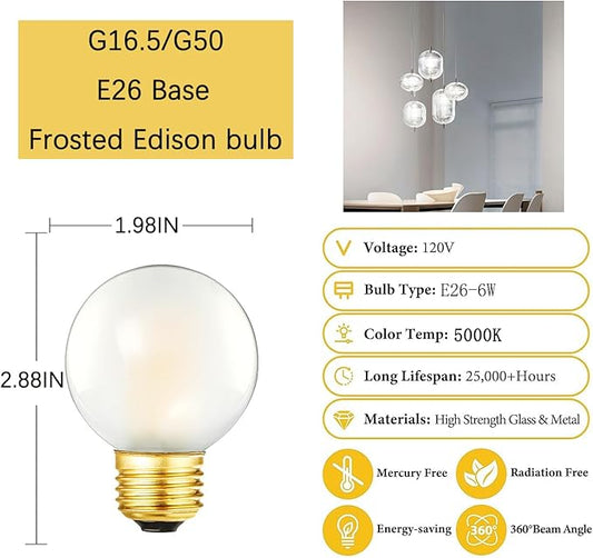Dimmable E26 Edison Bulb, Frosted G16.5 Light Bulb 6W Equal 60 watt Light Bulb, 5000K,600LM AC120V, Frosted Globe LED Bulbs 40W for Pendant,Chandeliers,Vanity,6Pack