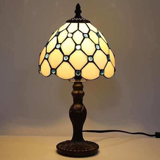 Tiffany Small Table Lamp for Living Room Blue Beads Stained Glass Bedside Nightstand Table Lamps for Bedroom Set of 2,3-Color Temperatures 8X8X15 Inch Hotel Home Office Desk Lamps