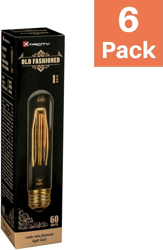 Xtricity T9 Vintage Incandescent Filament Bulb, Radio Tube, Edison Style, 60W, 200 Lumens, E26 Medium Base, Dimmable (6 Pack)