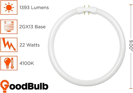 GoodBulb 22-Watt 9 Inch T5 Fluorescent Circline Light Bulb 4100K Cool White Light Color 2GX13 Base High Output 1393 Lumens 10000 Life Hours 80 CRI Pack of 20 Bulbs