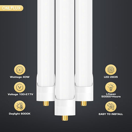 8 Foot Led Bulbs T8 T12 LED 8ft Tube Light F96T8 F96T12 LED Bulb 96" FA8 Single Pin LED Fluorescent Replacement, (100W Fluorescent Equivalent) 6500K CW Daylight Milky Cover, 10 Pack