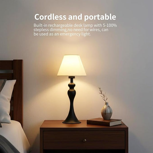 Cordless Table Lamp,Portable Fabric Shade LED Desk Lamps,5200mAh Battery Operated, 3 Color Stepless Dimming Up, for Restaurant, Bedroom,Camping,Coffee Shop,Bar,Night Light(Black)